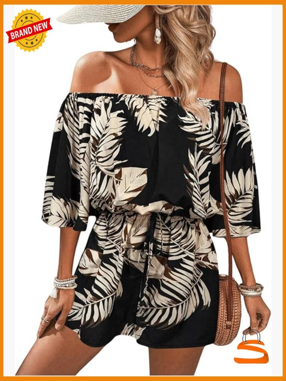 Off Shoulder Flutter Sleeve Romper, Polyester Blend, Size Medium, Boho Tropical